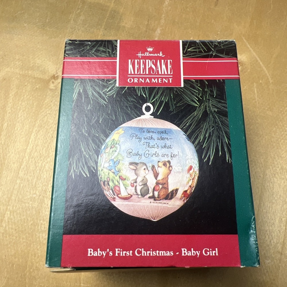 Hallmark Keepsake Ornament Baby's First Christmas Baby Girl Satin Ball 1992 Vtg